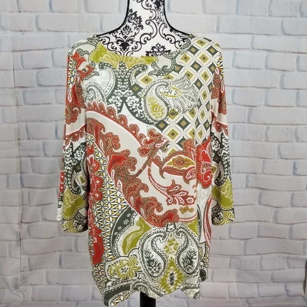 Chico's women's long sleeve paisley print popover top size 2 stretch knit b14